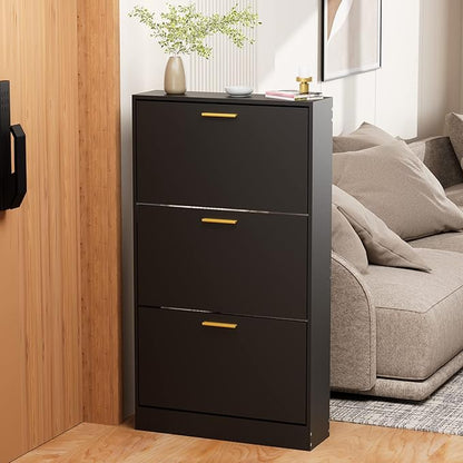 JOZZBY Shoe Cabinet Storage with 3 Flip Drawers for Entryway, Black Slim Freestanding Modern Narrow Shoe Organizer Rack Cabinet for Hallway, Living Room, Set of 2