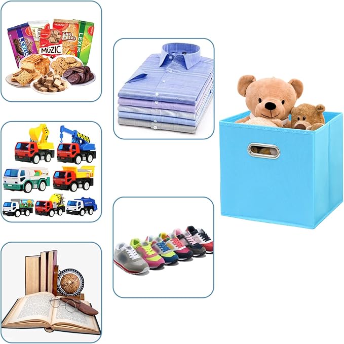 Fabric Cubby Storage Bins - 13x13x13 Inches, Foldable Cube Organizer Bins with Dual Handles - Set of 6, Blue