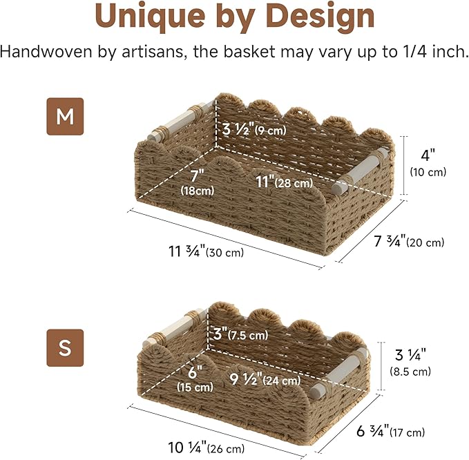 StorageWorks Toilet Paper Storage Basket 2 Pack, Toilet Basket with Wooden Handles, Small Wicker Decorative Scalloped Baskets for Organizing, Living Room, Shelves, Brown Rope Baskets