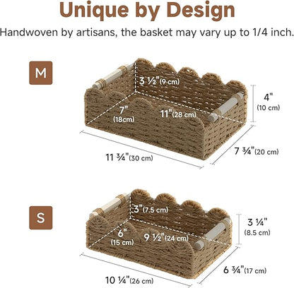 StorageWorks Toilet Paper Storage Basket 2 Pack, Toilet Basket with Wooden Handles, Small Wicker Decorative Scalloped Baskets for Organizing, Living Room, Shelves, Brown Rope Baskets