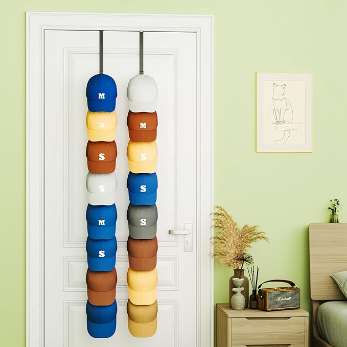 SWTYMIKI Over Door Hat Organizer - 2 Packs Metal Wall Mounted Hat Rack with 16 Hooks Design, Hanging Baseball Cap Organizer Storage Holds up to 32 Caps for Door, Bedroom, Closet