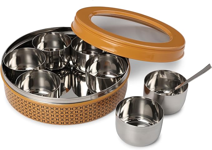 dudki 7 in 1 Stainless Steel Spice box for kitchen sturdy Masala dabba jar for Spices Seamless Design (Caramel Orange)