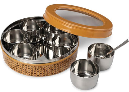 dudki 7 in 1 Stainless Steel Spice box for kitchen sturdy Masala dabba jar for Spices Seamless Design (Caramel Orange)