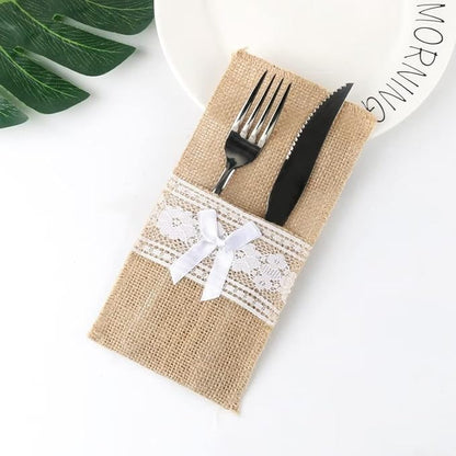 10 Pack Natural Burlap Cutlery Pouch,Burlap Silverware Holders Silverware Bags, Hessian Burlap Lace Utensil Napkin Holders, Knifes Forks Bag with Cotton Inner for Vintage Wedding Christmas