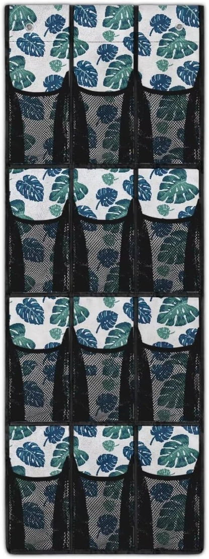12 Large Mesh Pockets Monstera Leaves Over the Door Shoe Organizer Sturdy Oxford Fabric Hanging Shoe Rack for Closet Organizers and Storage