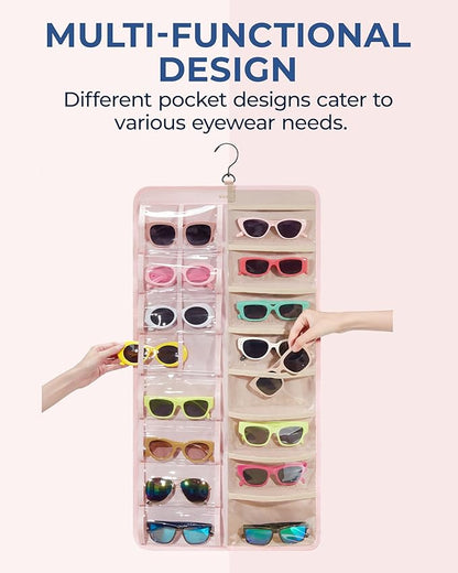 BAGSMART Hanging Jewelry Organizer, Dust Proof Sunglasses Storage Case Wall Mounted, Travel Dual Sided Glasses Case Multiple Pairs, Eyeglasses Holder with 32 Clear Slots & Metal Hook, Pink
