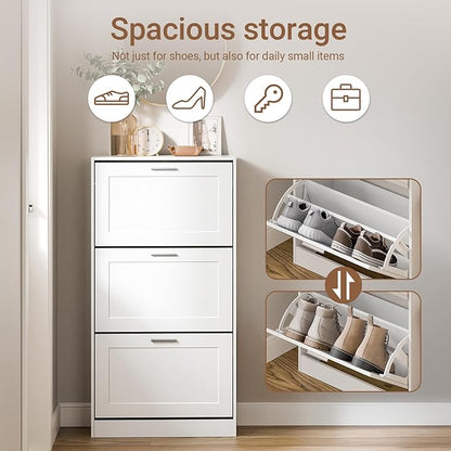 SoBuy Shoe Storage Cabinet Entryway, Freestanding Shoe Cabinet with 3 Flip-Drawers Fully Enclosed Tall Shoe Rack Shoe Organizer, White, FSR137-L-W