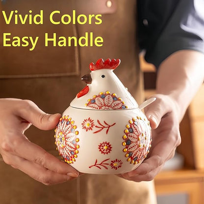 Ceramic Salt Cellar with Lid and Spoon, 13 OZ Large Chicken Salt Jar, Salt Holder for Counter, Coffee, Sugar, Spices and Candies, Salt Containers for Countertop (Blue)