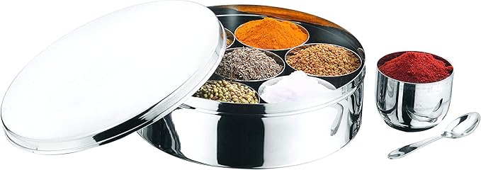 Vinod 7 in 1 Stainless Steel Spice Box with Lid | Indian Masala Dabba | Indian Spice Box | Masala Dani for Kitchen | Includes 7 Small Containers, 1 Spoon & a Steel Lid | 8 Inches Diameter