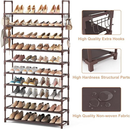VTRIN 10 Tiers Shoe Rack Tall Large Capacity Wide Shoe Organizer Sturdy Shoe Shelf for Entryway with Two Hooks Metal Shoe Storage for Closet, Bedroom, Brown