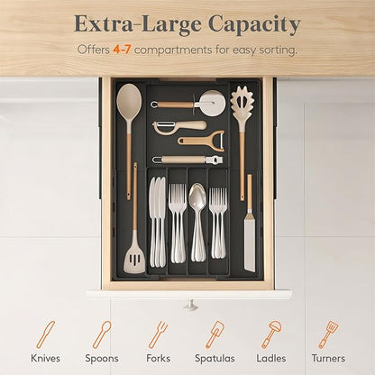 Lifewit Silverware Drawer Organizer, Expandable BPA Free Utensil Tray for Kitchen, Adjustable Flatware and Cutlery Holder, Plastic Storage for Spoons Forks Knives, 8.9-14.2 x 11.3-19.4 x 1.7, Black
