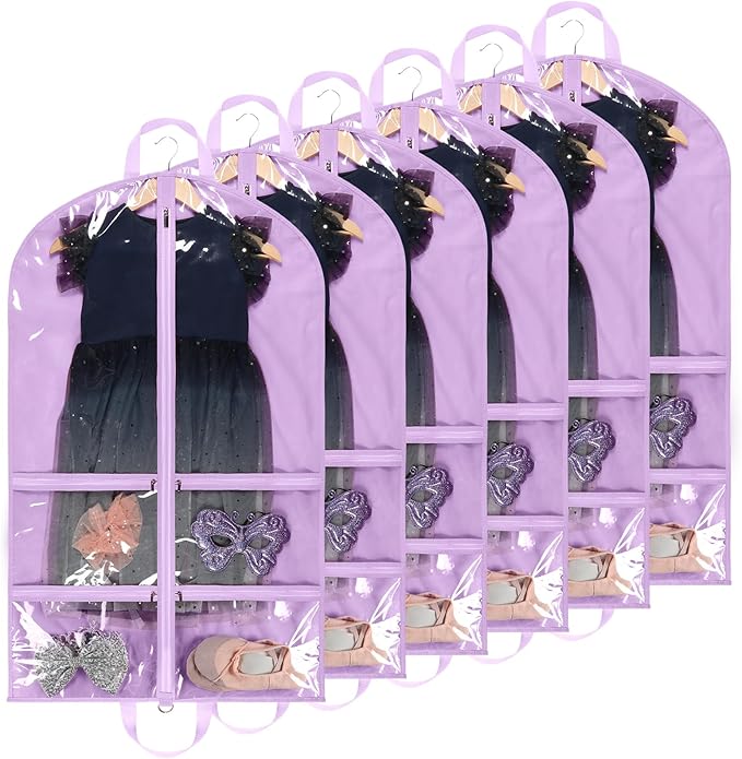 KEEGH Clear Garment Bags for Dance Costumes 40 inch Dance Garment Bags for Dancers Hanging Clothes for Closet Storage, with 4 Zipper Pockets for Competitions, Ballet, Theatre, 6 Pack, Purple