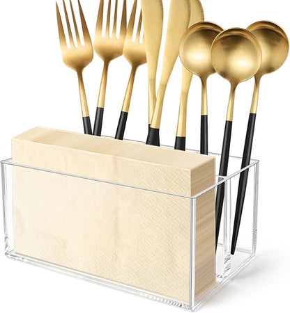 Vowcarol Small Clear Plastic Silverware Caddy Cutlery Holder 7.1 x 4.6 x 3.1 inches 4 Compartments Tableware Storage Box for Napkin, Knife Spoon and Fork Holder