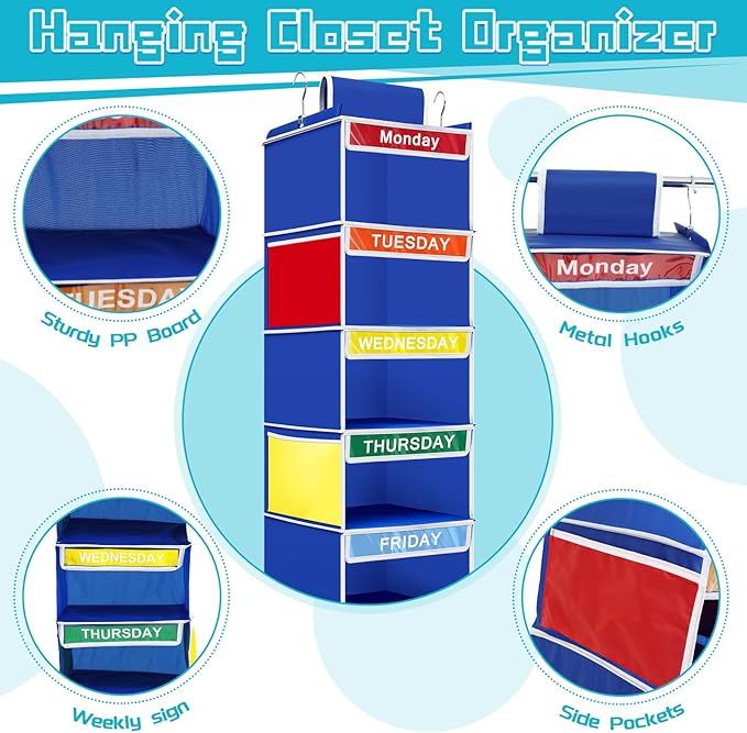 2 Pack 6 Shelves Weekly Hanging Closet Organizer 11.8 x 11.8 x 42.5 Inches Daily Activity Kids Clothes Storage Organizer Drawers Kids Hanging Cube Organizer Drawers Closet Hanging Shelves