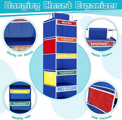 2 Pack 6 Shelves Weekly Hanging Closet Organizer 11.8 x 11.8 x 42.5 Inches Daily Activity Kids Clothes Storage Organizer Drawers Kids Hanging Cube Organizer Drawers Closet Hanging Shelves