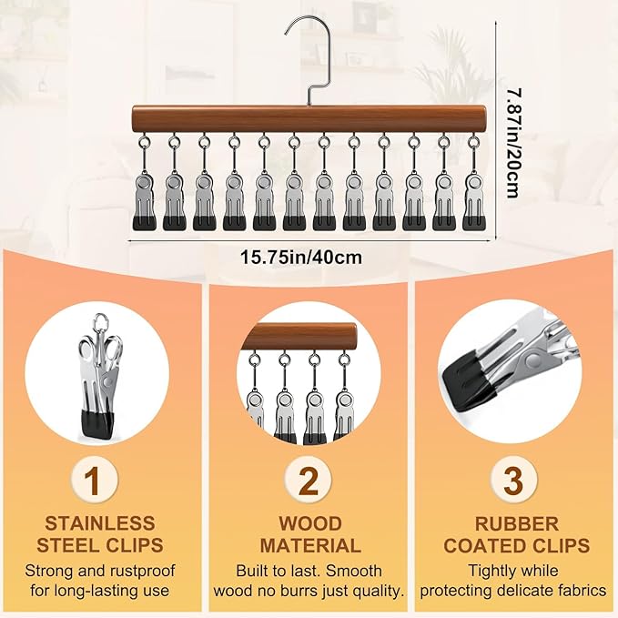 Closet Organizer with 12 Clips, Space Saving Hangers for Clothes, Hanging Closet Organizers and Storage, Wooden Socks Hats Pants Hangers with Clips, for Small Room Organization (2 Pack)