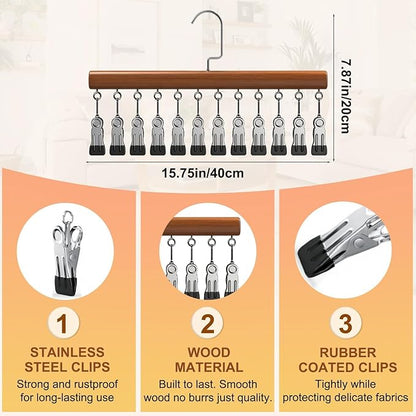 Closet Organizer with 12 Clips, Space Saving Hangers for Clothes, Hanging Closet Organizers and Storage, Wooden Socks Hats Pants Hangers with Clips, for Small Room Organization