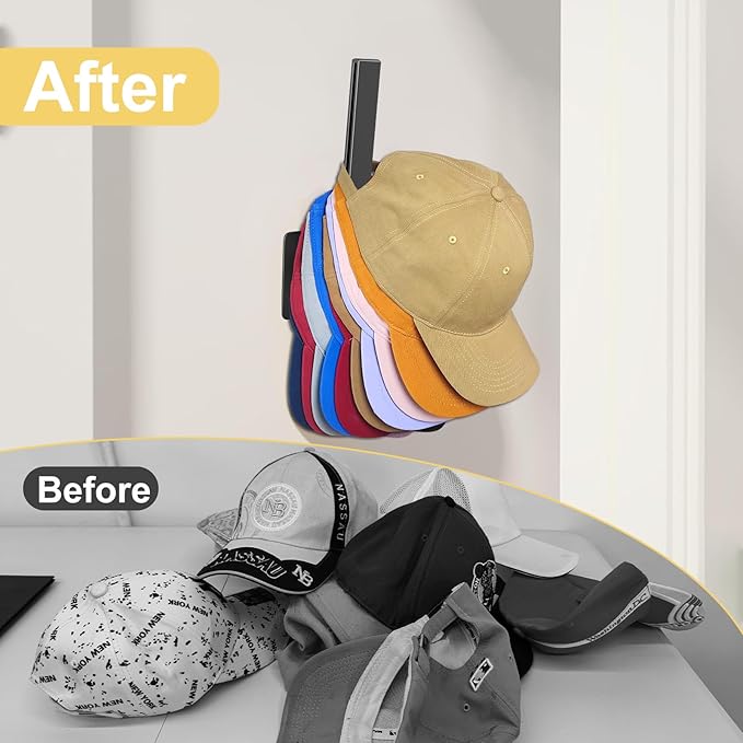 Hat Rack for Baseball Cap, (4 Pack) Adhesive Ball Caps Holder on Wall, No Drilling Hat Organizer Wall Storage Wall Mount, Hat Hanger Display, Black