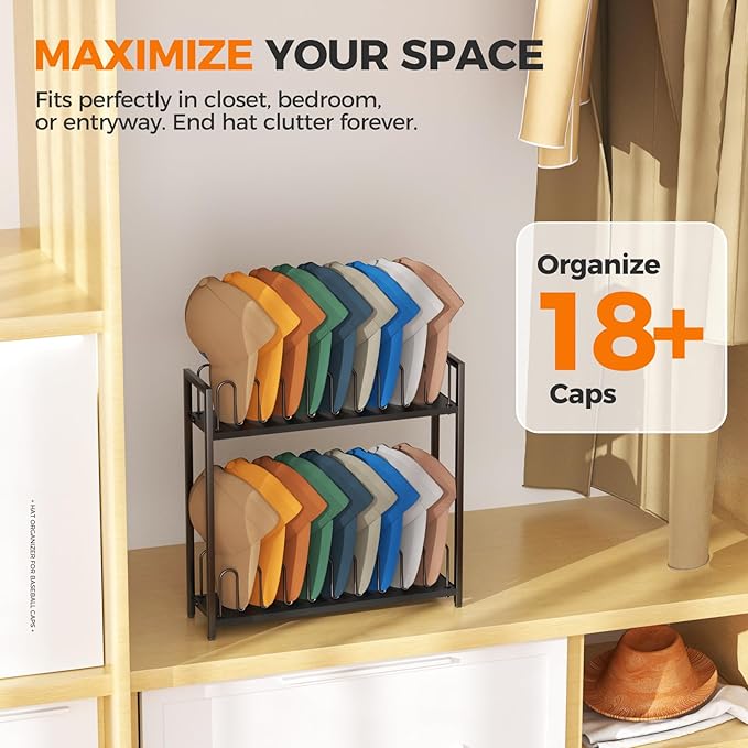 Cinati 2-Tier Hat Organizer for Baseball Caps, 18 Capacity Freestanding Baseball Cap Rack, Metal & Wood Hat Storage for Closet Entryway Bedroom, Black Cap Holder Stand, Gifts for Men Dad