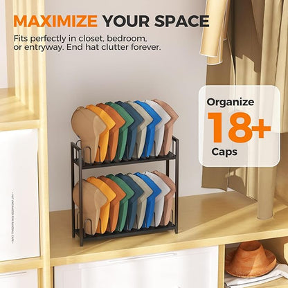 Cinati 2-Tier Hat Organizer for Baseball Caps, 18 Capacity Freestanding Baseball Cap Rack, Metal & Wood Hat Storage for Closet Entryway Bedroom, Black Cap Holder Stand, Gifts for Men Dad