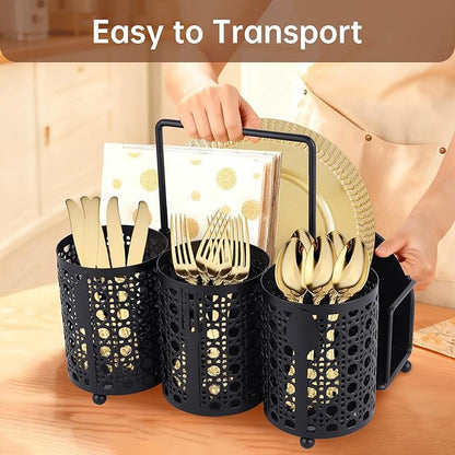 NelyBet Utensil Caddy Silverware Holder Fork Spoon Napkin Paper Plate Organizer Metal Utensil Holder Cutlery Flatware Organizers for Party Kitchen Countertop Camping Picnic - Black Mesh