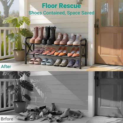 YEASHEIN 2-Tier Expandable Shoe Rack for Closet Floor, X-Frame Metal Small Shoe Rack for Entryway, Adjustable Shoe Shelf Organizer, Free Standing Shoe Racks for Front Door Entrance, Garage - Black