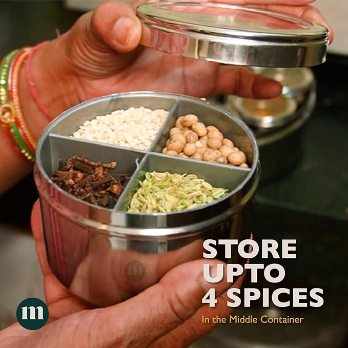 MARU 12 IN 1 Stainless Steel Indian Masala Box with See Through Lids, Elegant Spice box, Masala Dabba with 9 Spice Containers & 4 spoons for Kitchen Rack Organizer, Spice Storage Container for Kitchen