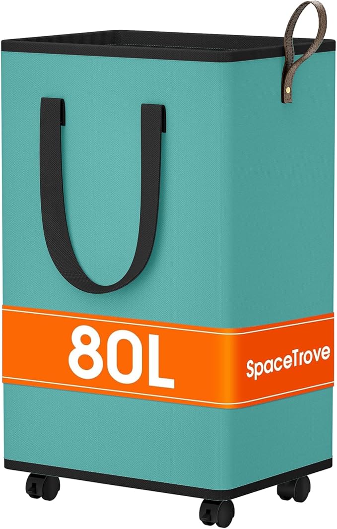 SpaceTrove Laundry Basket with Wheels, Collapsible Laundry Baskets, Laundry Hamper with Handles Detachable Wheels, Rolling Laundry Basket, Dirty Clothes Hamper for Bathroom, Dorm, Bedroom, Green, 80L