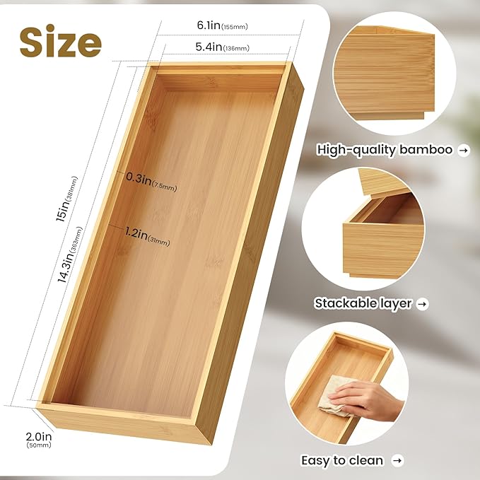 Bamboo Drawer Organizer, Stackable Utensil Trays for Kitchen, Wood Silverware Organizer for Drawer, Set of 2-15"x6"x2"