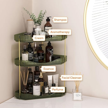 Lifewit 3-Tier Corner Bathroom Counter Organizer, Plastic Makeup Skincare Organizers Storage Countertop, Large Sink Cosmetic Perfume Shelf for Bedroom, Dresser, Kitchen, Vanity, Green, 39 cm/15inch(H)