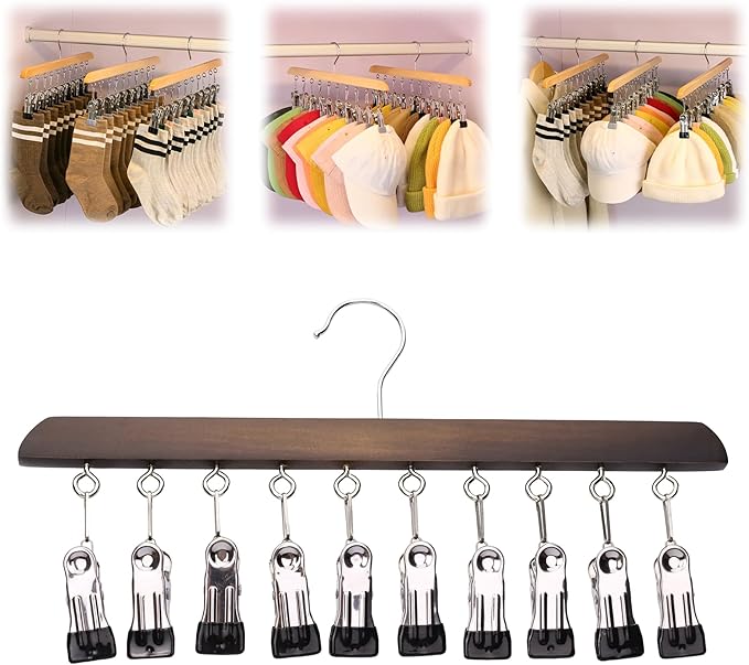 Closet Organizer with 10 Clips, 2026 New Space Saving Hanging Closet Organizer, Hat Scarf Clothespins for Legging Jeans Skirts Socks Pant Hangers (Vintage-10 Clips, 1 Pcs)