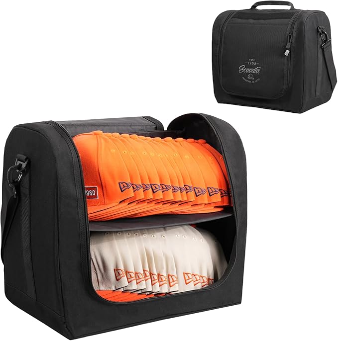 SCAVATA Large Hat Bag for Baseball Caps, Hat Organizer Bag for Traveling & Moving, Storing Snapback Cap, Portable Hat Carrier Holder Case for 20-24 Caps (Black)