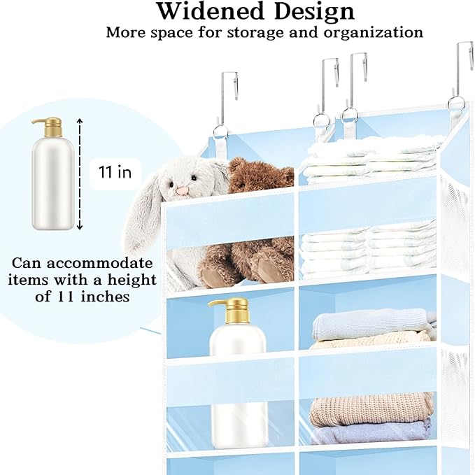 Blue Over the Door Organizer 5 Tiers, Extra Large Behind Door Storage of 10 Compartments, 80 lbs Weight Capacity Hanging Storage Organizer with Clear Window Kids Toys, Shoes, Diapers, Room storage
