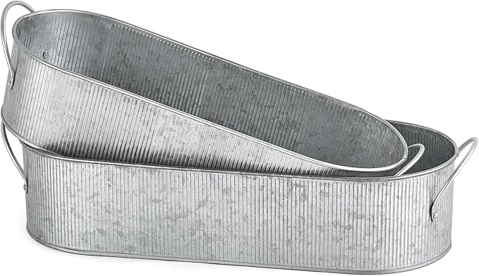 Mkono Metal Storage Basket for Toilet Tank Top Bathroom Decor, Galvanized Tray with Handle for Shelves, Farmhouse Toilet Paper Holder Organizing Bin Box for Countertop Living Room, Set of 2, Silver