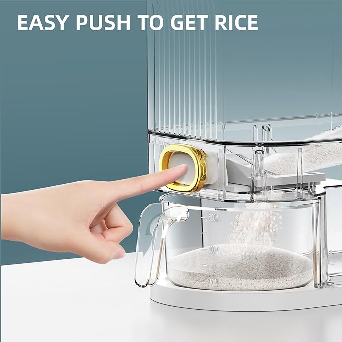 Rice Dispenser, 11Lbs-12Lbs Rice Container with Measuring Cup, Upgraded Lid Time Dials & Built-in Fresh Box Rice Container Storage for Home Kitchen Pantry Stores Rice - White Capacity 11Lbs-12Lbs