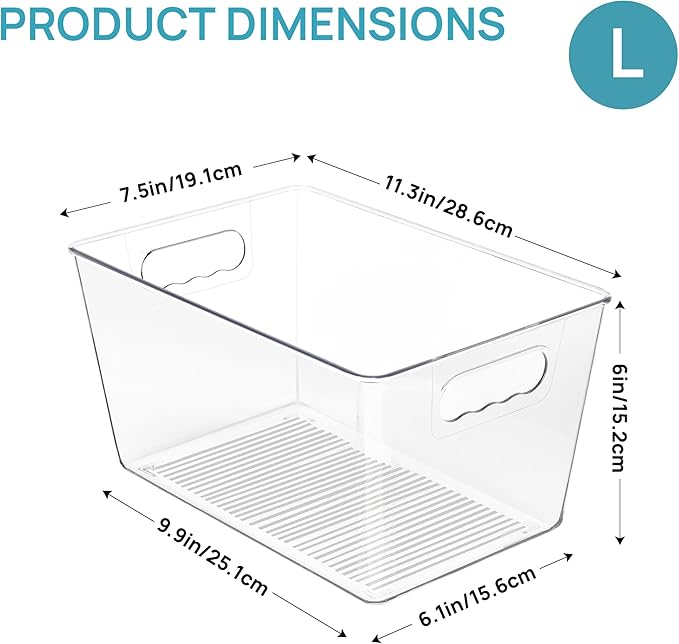 Vtopmart Clear Plastic Storage Bins, 6 PCS Pantry Organizer Bins with Handle for Refrigerator, Fridge, Cabinet, Kitchen, Countertops, Cupboard, Freezer Organization and Storage, Large