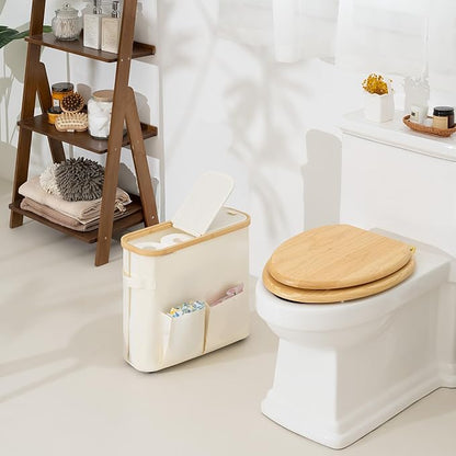 StorageWorks Toilet Paper Storage Baskets with Dual Flip Lids, Toilet Paper Organizer for Bathroom, Toilet Paper Container with Side Pocket, Holds 9 Mega or 12 Regular Rolls, Medium, Beige