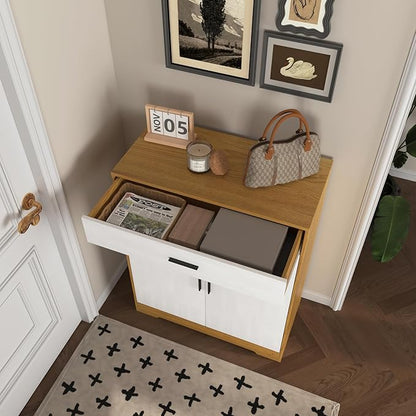 Shoe Cabinet with Drawer, Modern Shoe Storage Cabinet with Doors, 4 Tiers Narrow Shoe Organizer for Entryway, Foyer, Hallway, Natural & White