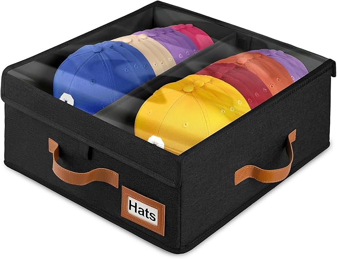 Dofilachy 2-in-1 Stackable Hat Storage for Baseball Caps with Clear Lid, Holds 28-32 Caps - Adjustable Space Hat Organizer for Baseball & Cowboy Hats, Closet Box for Men & Women (Black)