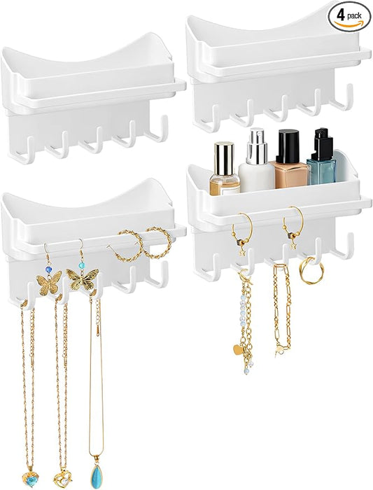 NiHome 4-Pack Multi-Functional Wall Storage Rack with Hooks, No Drill Adhesive Wall Mounted Organizer for Necklace, Jewelry, Headbands, Glasses, Vanity Accessory Shelf & Bathroom Storage Organizer