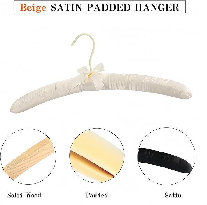 5Pcs 17 Inch Black Satin Padded Hangers for Women Clothing, Anti Slip Cushioned Hangers for Sweaters, Wedding Bridesmaid (5, Beige)