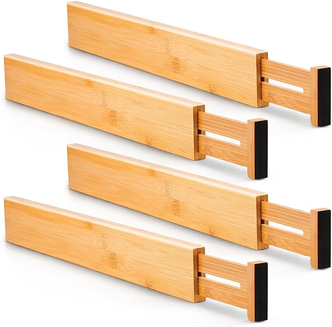 Utoplike 4 pcs Bamboo Kitchen Drawer Dividers Large, Adjustable Drawer Organizers, Spring Loaded, Expandable Organization Works in Kitchen, Dresser, Bathroom, Bedroom, Drawer, Desk