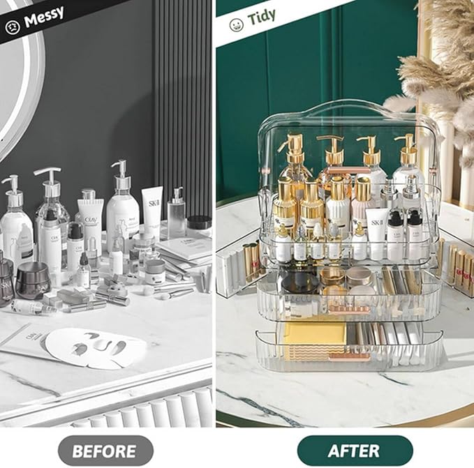 Clear Cosmetics Storage Box Transparent Lid Large Makeup Organizer Box Drawers Portable Handle Waterproof Dustproof Skincare Display Cases for Countertop Bathroom Dresser Gift