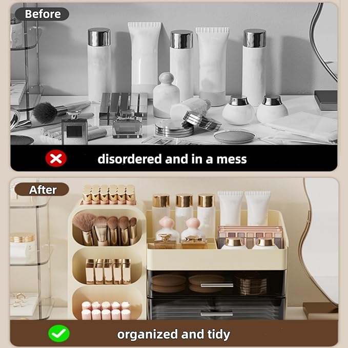 Covzoe Large Makeup Organizer with Brush Holder, Spacious Cosmetics Display Case with Drawers for Vanity, Skin Care Storage Solution for Lipstick Beauty Essential Bathroom Countertop