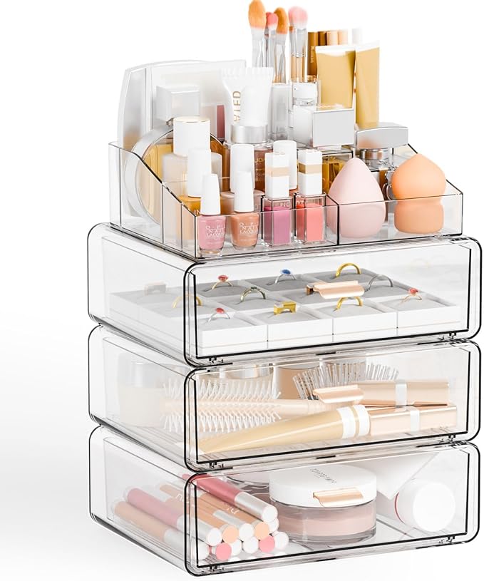 Yieach Clear Acrylic Makeup Organizers Countertop for Dresser,Desk,Bathroom Vanity,4 Tier Stackable Make up Holders and Makeup Cabinet,Tiered Cosmetic Storage and Make up Containers for Palette,Brush