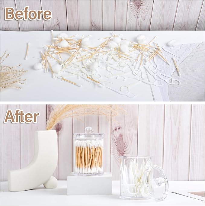 Clear Bathroom Organizer with Lid - 2-Pack Cotton Ball and Cotton Swab Storage Tins for Vanity Storage