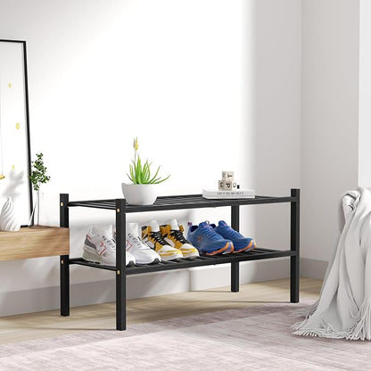 ROMGUAR CRAFT 2 Tier Bamboo Shoe Rack for Closet Free Standing Wood Shoe Shelf for Entryway Small Space Stackable 27"x11"x13" (Black)