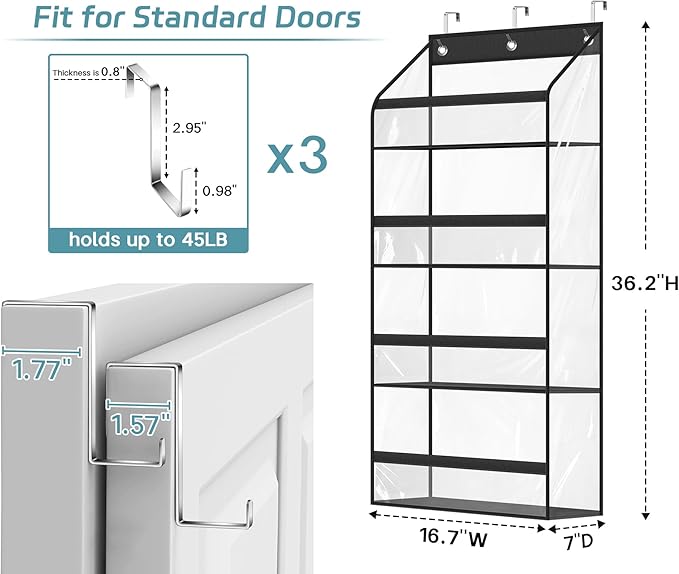 AOODA Clear Over the Door Hat Racks for Baseball Caps, Hold 48 Caps Hat Storage Organizer for Closet Wall, Deep Pockets Hanging Snapback Holder Shelves with 3 Hooks, Black
