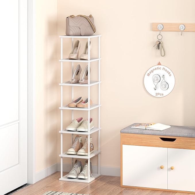 MHXW SXPN Bamboo Free Standing Shoe Rack Shelf Multi Tier Tall Wooden Stackable Shoes Rack Organizer for Closet Front Door Entrance Narrow Vertical Shoe Storage (White, 7 Tiers)