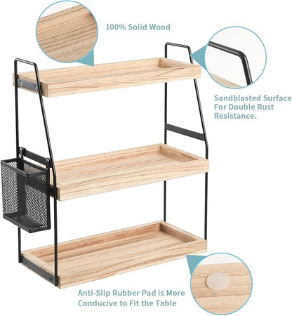 Bathroom Organizer Countertop, 3-Tier Standing Counter Shelf with Basket, Wood Tray for Kitchen Vanity Organizer